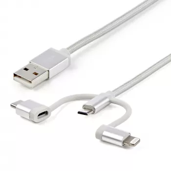 StarTech.com 1 m (3 pėd.) USB daugiakryptis įkrovimo laidas – USB į Micro-USB arba USB-C arba Lightning, skirtas iPhone / iPad / iPod / Android – Apple MFi sertifikuotas – 3 viename USB įkroviklis – Pintas
