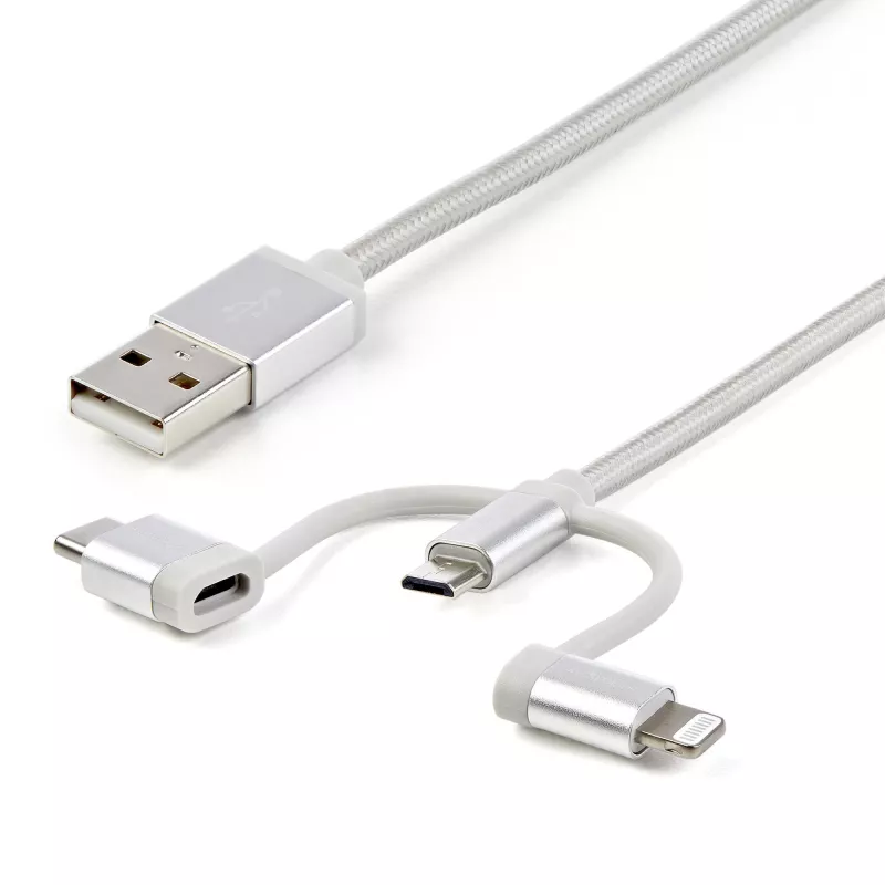 StarTech.com 1 m (3 pėd.) USB daugiakryptis įkrovimo laidas – USB į Micro-USB arba USB-C arba Lightning, skirtas iPhone / iPad / iPod / Android – Apple MFi sertifikuotas – 3 viename USB įkroviklis – Pintas
