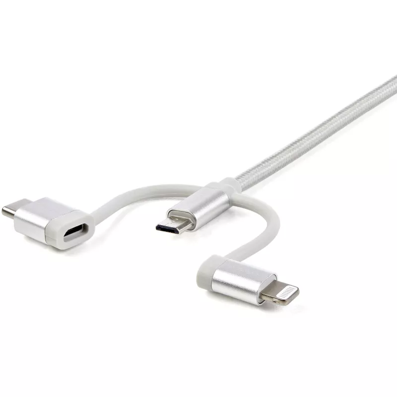 StarTech.com 1 m (3 pėd.) USB daugiakryptis įkrovimo laidas – USB į Micro-USB arba USB-C arba Lightning, skirtas iPhone / iPad / iPod / Android – Apple MFi sertifikuotas – 3 viename USB įkroviklis – Pintas