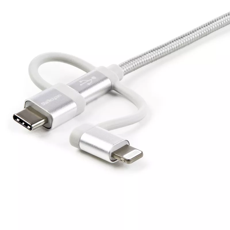 StarTech.com 1 m (3 pėd.) USB daugiakryptis įkrovimo laidas – USB į Micro-USB arba USB-C arba Lightning, skirtas iPhone / iPad / iPod / Android – Apple MFi sertifikuotas – 3 viename USB įkroviklis – Pintas