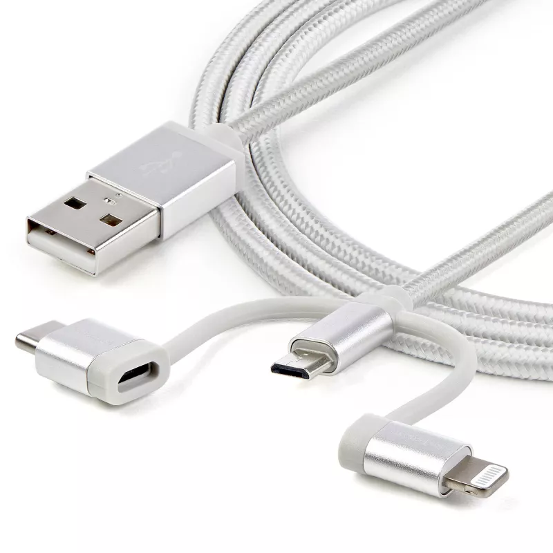 StarTech.com 1 m (3 pėd.) USB daugiakryptis įkrovimo laidas – USB į Micro-USB arba USB-C arba Lightning, skirtas iPhone / iPad / iPod / Android – Apple MFi sertifikuotas – 3 viename USB įkroviklis – Pintas