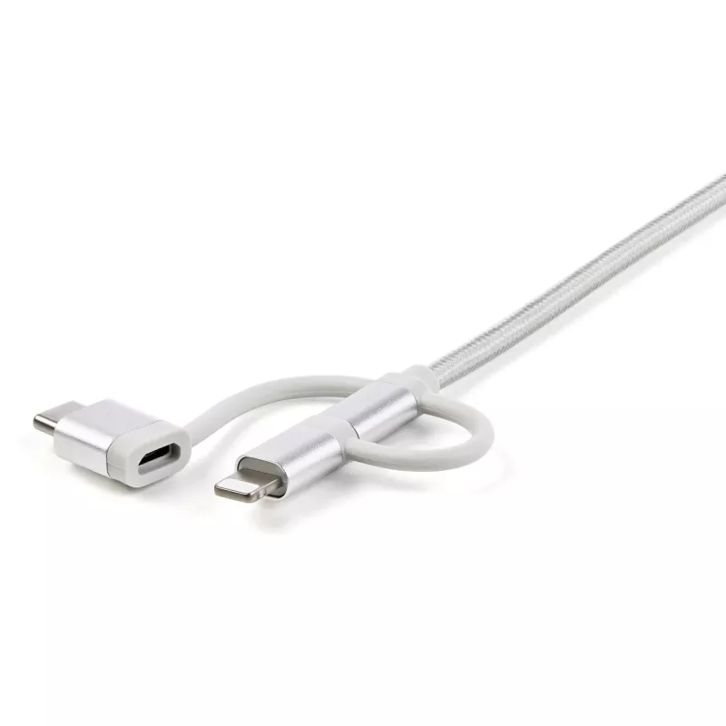 StarTech.com 1 m (3 pėd.) USB daugiakryptis įkrovimo laidas – USB į Micro-USB arba USB-C arba Lightning, skirtas iPhone / iPad / iPod / Android – Apple MFi sertifikuotas – 3 viename USB įkroviklis – Pintas
