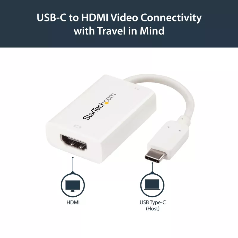 StarTech.com USB C į HDMI 2.0 adapteris su Power Delivery – 4K 60Hz USB Type-C į HDMI vaizdo keitiklis – 60W PD pralaidus įkrovimo prievadas – Thunderbolt 3 suderinamas – baltas