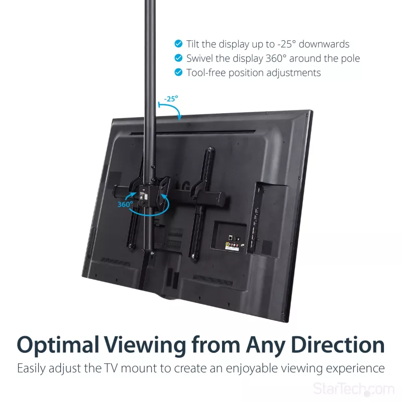 StarTech.com TV lubų laikiklis – pilnai judamas universalus kabinamas vieno ekrano laikiklis su reguliuojamu teleskopiniu ilgu stiebu – pasvirimo / pasukimo – VESA kronšteinas 32 inch–75 inch ekranams