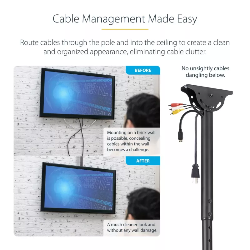 StarTech.com TV lubų laikiklis – pilnai judamas universalus kabinamas vieno ekrano laikiklis su reguliuojamu teleskopiniu ilgu stiebu – pasvirimo / pasukimo – VESA kronšteinas 32 inch–75 inch ekranams