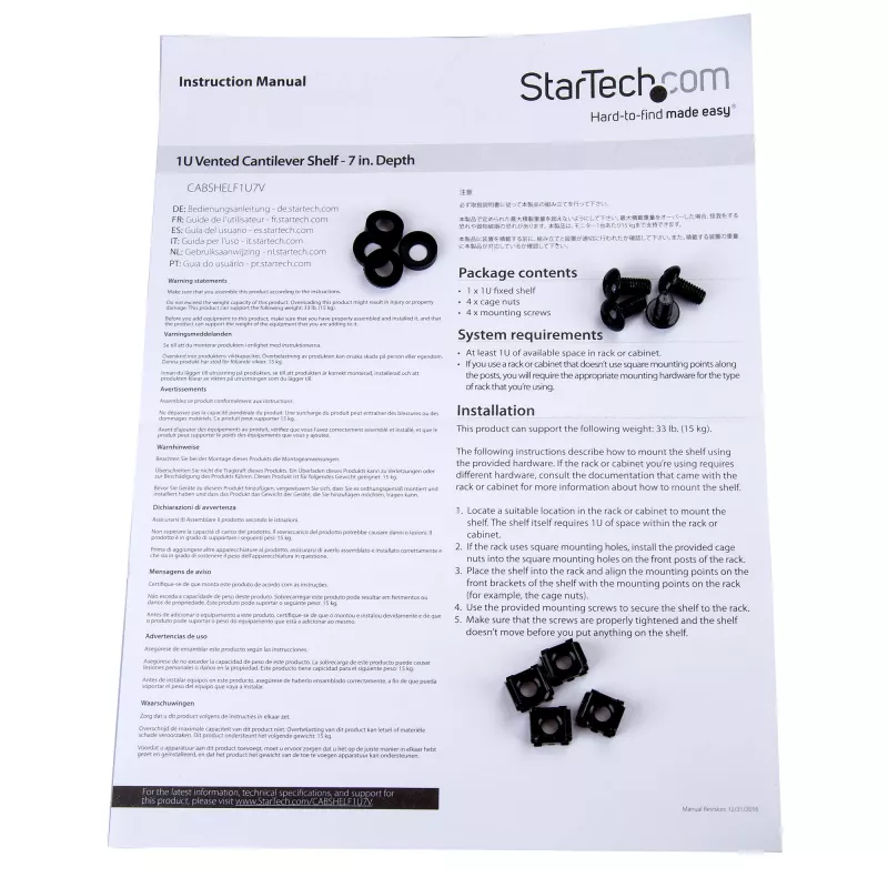 StarTech.com 1U serverio stovo lentyna - universali ventiliuojama stovo montavimo konsolės padėklas 19 colių tinklo įrangos stovui ir spintai - tvirtas plienas – keliamoji galia 44 lb/20 kg - 7 colių gylio lentyna, juoda
