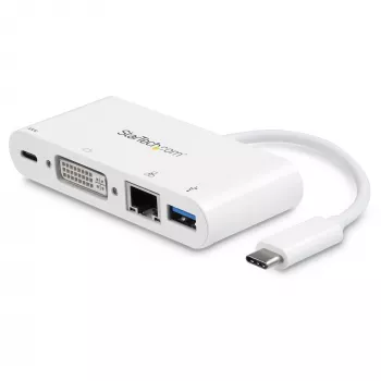 StarTech.com USB-C universalus adapteris - USB-C į DVI-D (skaitmeninis) vaizdo adapteris su 60 W maitinimo perdavimo įkrovimu, GbE, USB-A - nešiojama USB Type-C/Thunderbolt 3 mini nešiojamojo kompiuterio dokas