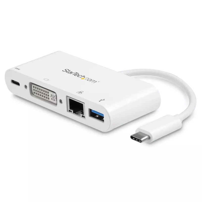 StarTech.com USB-C universalus adapteris - USB-C į DVI-D (skaitmeninis) vaizdo adapteris su 60 W maitinimo perdavimo įkrovimu, GbE, USB-A - nešiojama USB Type-C/Thunderbolt 3 mini nešiojamojo kompiuterio dokas