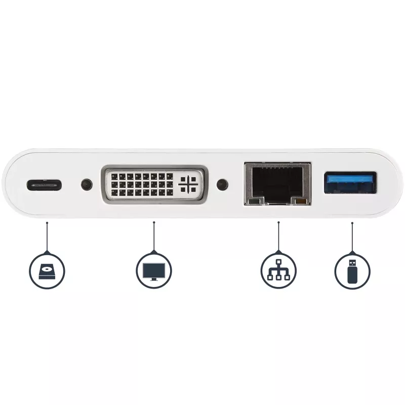 StarTech.com USB-C universalus adapteris - USB-C į DVI-D (skaitmeninis) vaizdo adapteris su 60 W maitinimo perdavimo įkrovimu, GbE, USB-A - nešiojama USB Type-C/Thunderbolt 3 mini nešiojamojo kompiuterio dokas