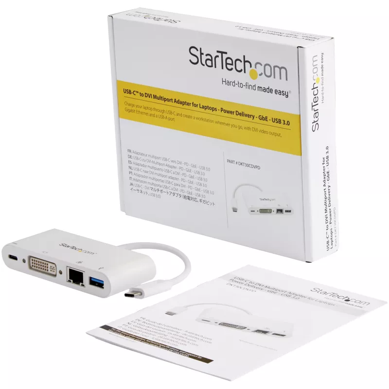 StarTech.com USB-C universalus adapteris - USB-C į DVI-D (skaitmeninis) vaizdo adapteris su 60 W maitinimo perdavimo įkrovimu, GbE, USB-A - nešiojama USB Type-C/Thunderbolt 3 mini nešiojamojo kompiuterio dokas