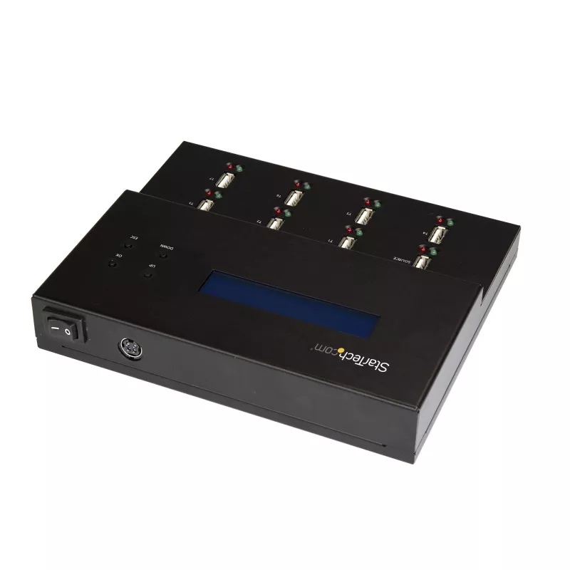 StarTech.com autonominis 1:7 USB atmintuko dauginimo ir trynimo įrenginys, kelių USB atmintukų kopijavimo aparatas, sistemos bei failų ir viso disko kopijavimas 1,5 GB/min greičiu, vieno ir trijų perėjimų trynimas, LCD ekranas – TAA
