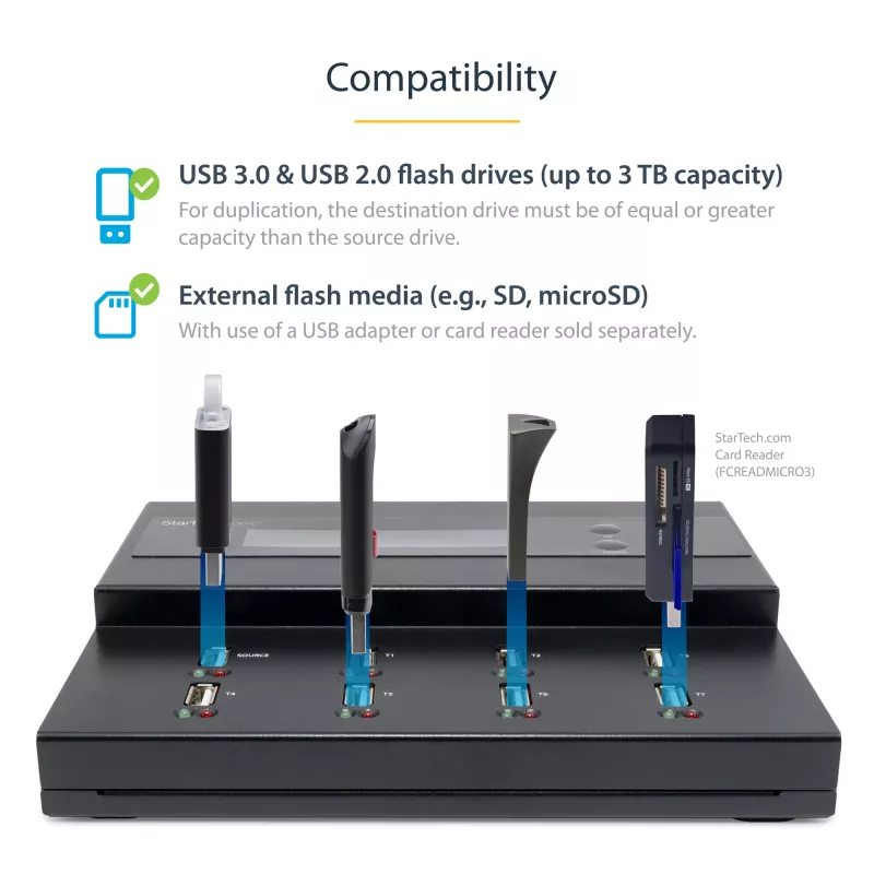 StarTech.com autonominis 1:7 USB atmintuko dauginimo ir trynimo įrenginys, kelių USB atmintukų kopijavimo aparatas, sistemos bei failų ir viso disko kopijavimas 1,5 GB/min greičiu, vieno ir trijų perėjimų trynimas, LCD ekranas – TAA