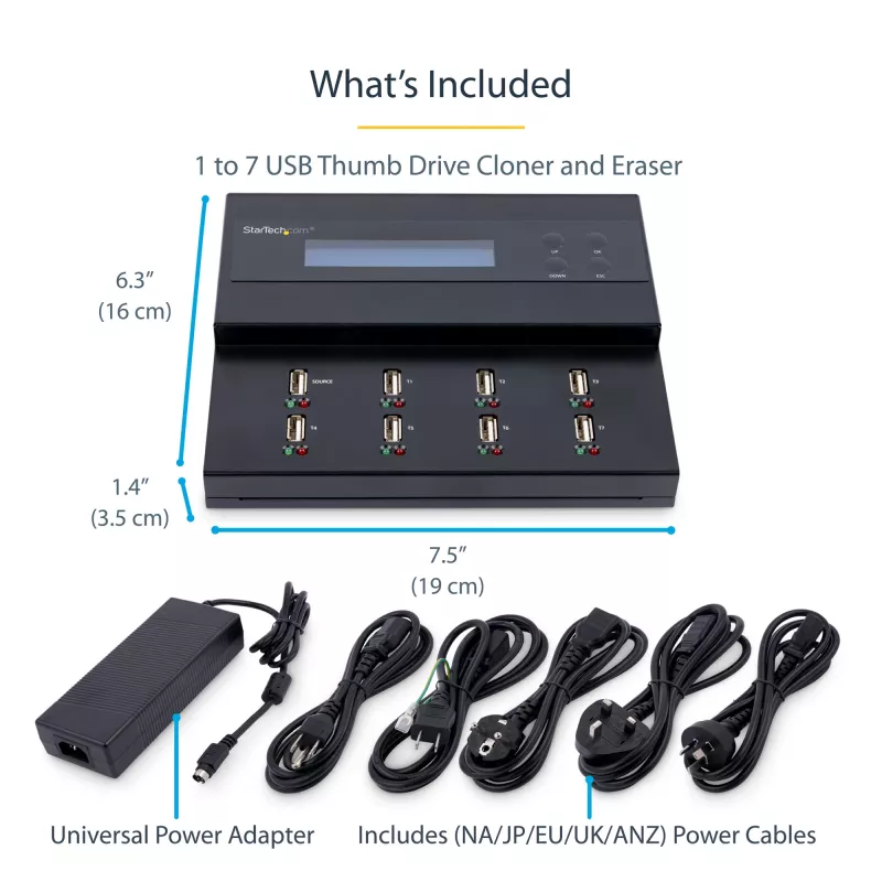 StarTech.com autonominis 1:7 USB atmintuko dauginimo ir trynimo įrenginys, kelių USB atmintukų kopijavimo aparatas, sistemos bei failų ir viso disko kopijavimas 1,5 GB/min greičiu, vieno ir trijų perėjimų trynimas, LCD ekranas – TAA