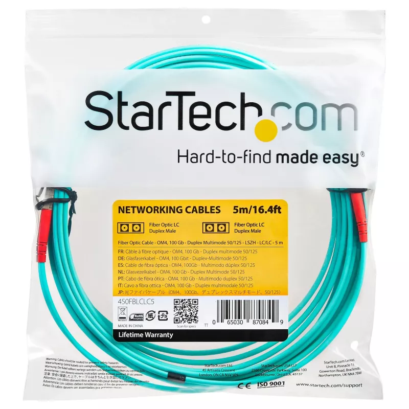 StarTech.com 5 m (16,4 pėdos) LC/UPC į LC/UPC OM4 daugiamodis šviesolaidinis kabelis, 50/125 µm LOMMF/VCSEL Zipcord pluoštas, 100G, maži įterpimo nuostoliai – LSZH šviesolaidinis džemperinis laidas