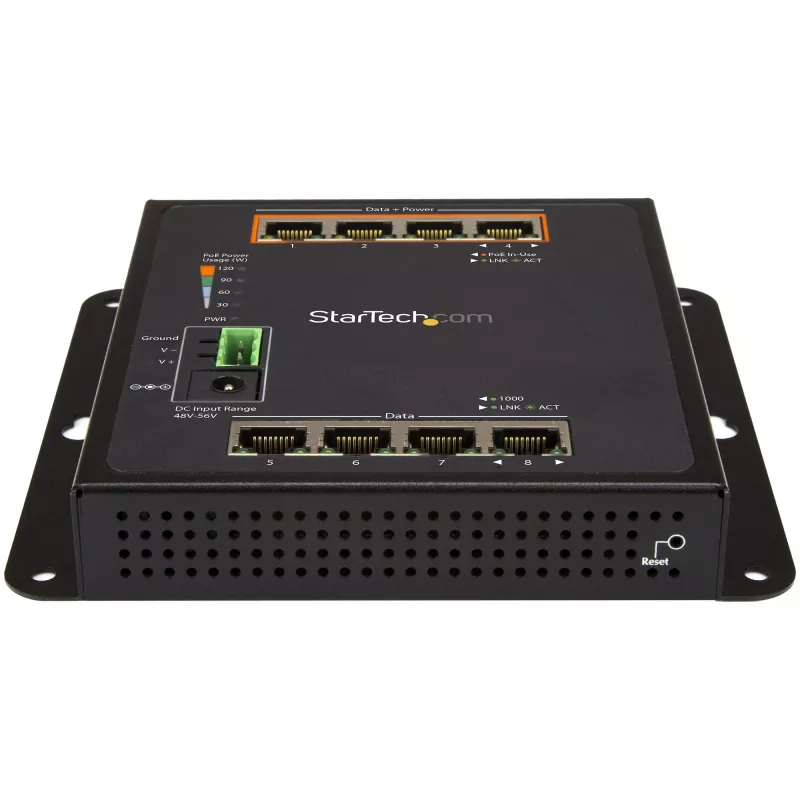 StarTech.com pramoninis 8 prievadų gigabito PoE komutatorius - 4 x PoE+ 30W - maitinimas per Ethernet - sustiprintas GbE Layer/L2 valdomas komutatorius - tvirtas didelės galios gigabito tinklo komutatorius IP-30/-40C iki +75C - TAA