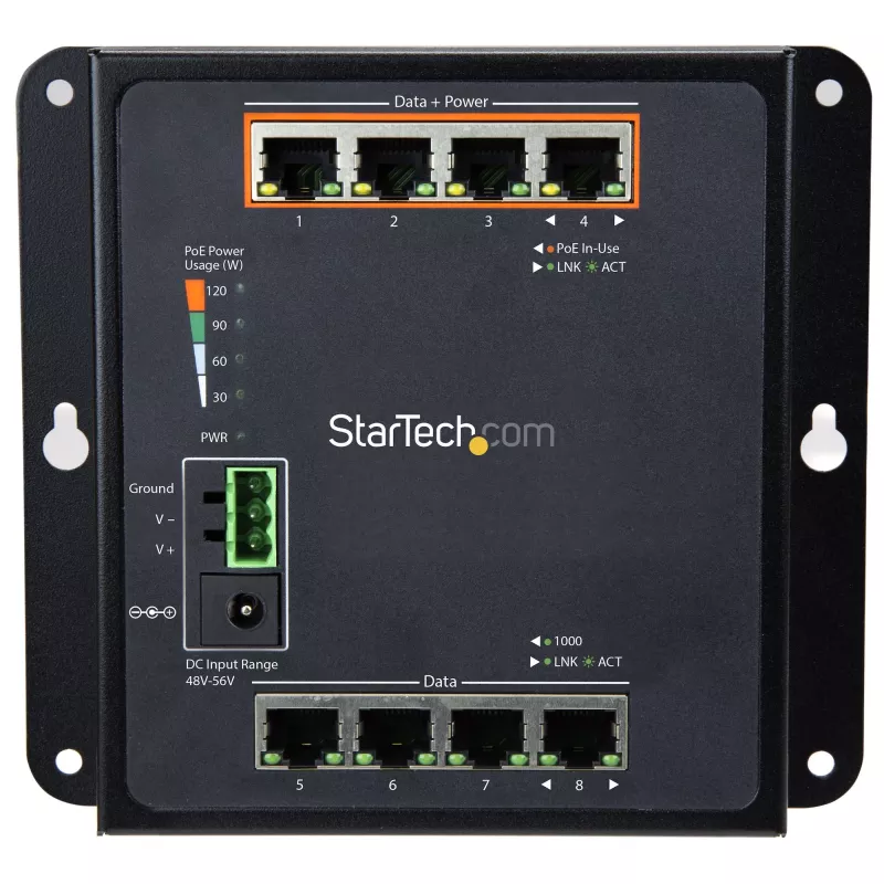 StarTech.com pramoninis 8 prievadų gigabito PoE komutatorius - 4 x PoE+ 30W - maitinimas per Ethernet - sustiprintas GbE Layer/L2 valdomas komutatorius - tvirtas didelės galios gigabito tinklo komutatorius IP-30/-40C iki +75C - TAA