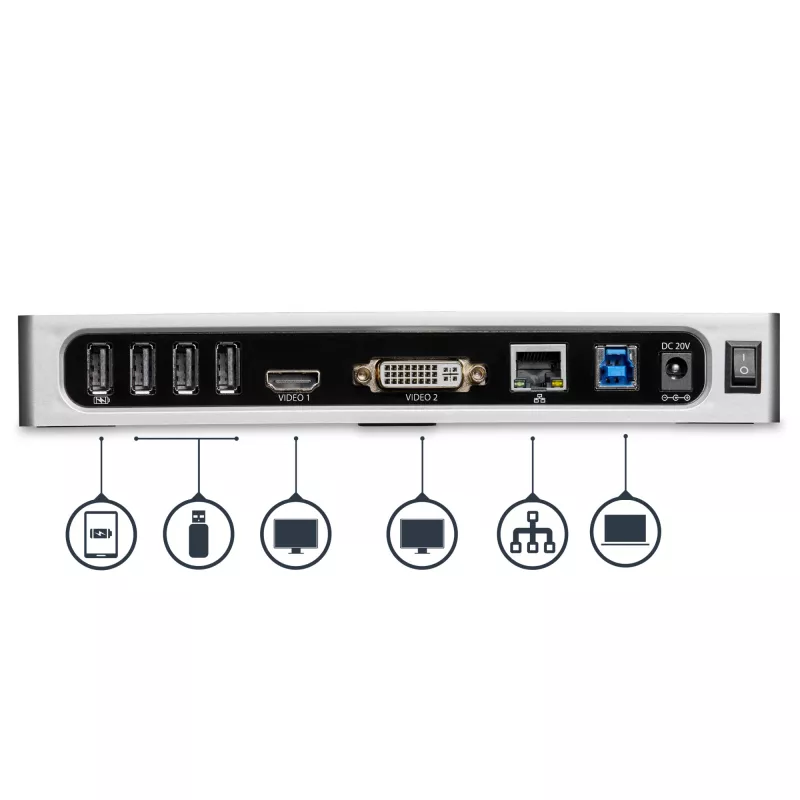 StarTech.com USB 3.0 dokinė stotelė – dviejų monitorių nešiojamojo kompiuterio dokinė stotelė su HDMI ir DVI/VGA vaizdu – 6 prievadų USB 3.1 Gen 1 5 Gbps šakotuvas, GbE, garsas – universali A tipo dokinė stotelė – Windows ir Mac