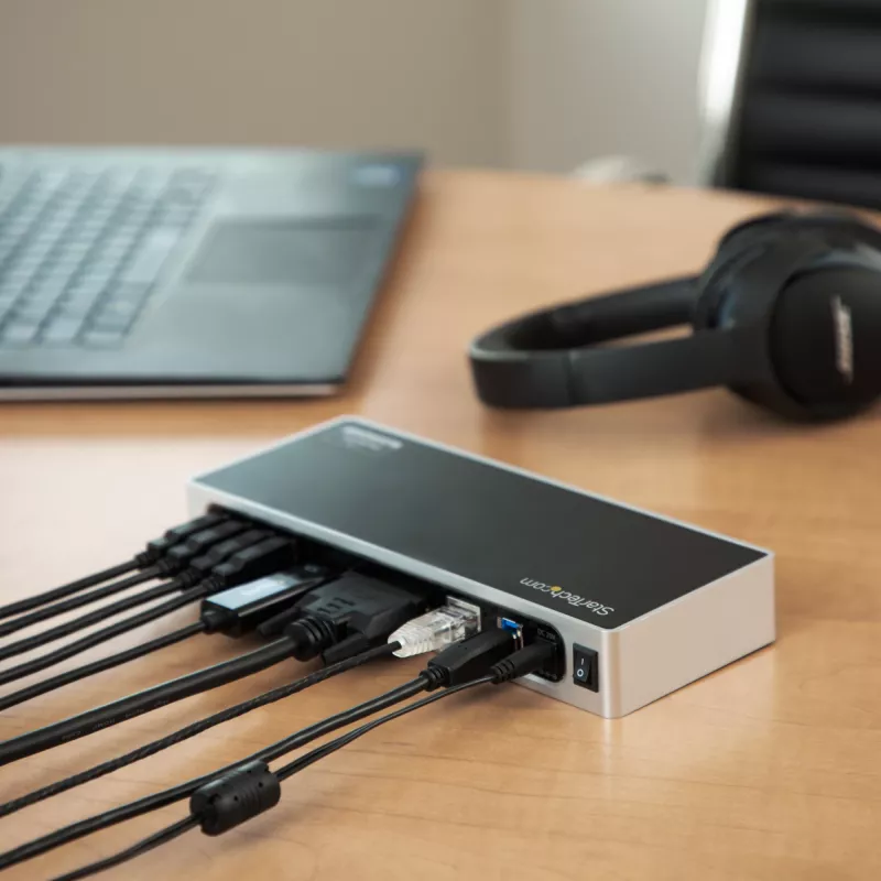 StarTech.com USB 3.0 dokinė stotelė – dviejų monitorių nešiojamojo kompiuterio dokinė stotelė su HDMI ir DVI/VGA vaizdu – 6 prievadų USB 3.1 Gen 1 5 Gbps šakotuvas, GbE, garsas – universali A tipo dokinė stotelė – Windows ir Mac