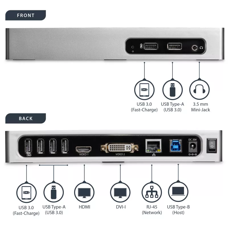 StarTech.com USB 3.0 dokinė stotelė – dviejų monitorių nešiojamojo kompiuterio dokinė stotelė su HDMI ir DVI/VGA vaizdu – 6 prievadų USB 3.1 Gen 1 5 Gbps šakotuvas, GbE, garsas – universali A tipo dokinė stotelė – Windows ir Mac