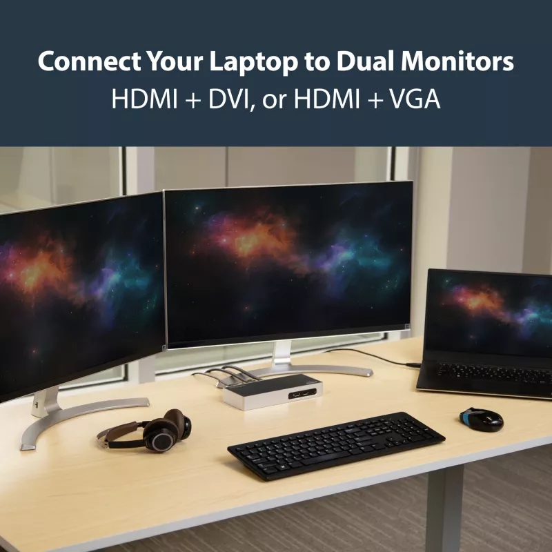 StarTech.com USB 3.0 dokinė stotelė – dviejų monitorių nešiojamojo kompiuterio dokinė stotelė su HDMI ir DVI/VGA vaizdu – 6 prievadų USB 3.1 Gen 1 5 Gbps šakotuvas, GbE, garsas – universali A tipo dokinė stotelė – Windows ir Mac