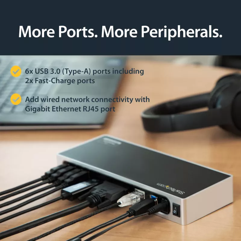 StarTech.com USB 3.0 dokinė stotelė – dviejų monitorių nešiojamojo kompiuterio dokinė stotelė su HDMI ir DVI/VGA vaizdu – 6 prievadų USB 3.1 Gen 1 5 Gbps šakotuvas, GbE, garsas – universali A tipo dokinė stotelė – Windows ir Mac
