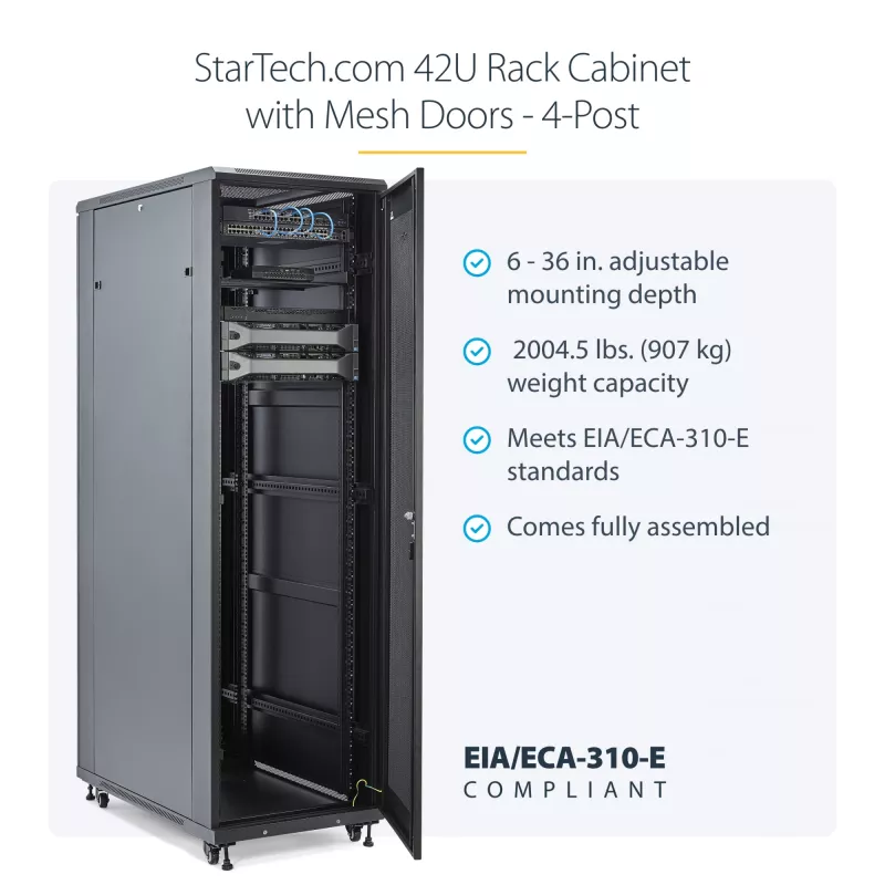 StarTech.com 4 stulpų 42U serverių spinta, 19 colių duomenų spinta kompiuterinei / AV / IT įrangai montuoti, serverių korpusas su ratukais, pilno dydžio pramoninė tinklo įrangos spinta