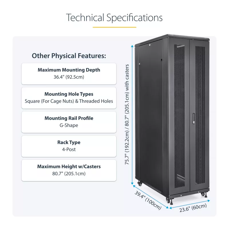 StarTech.com 4 stulpų 42U serverių spinta, 19 colių duomenų spinta kompiuterinei / AV / IT įrangai montuoti, serverių korpusas su ratukais, pilno dydžio pramoninė tinklo įrangos spinta