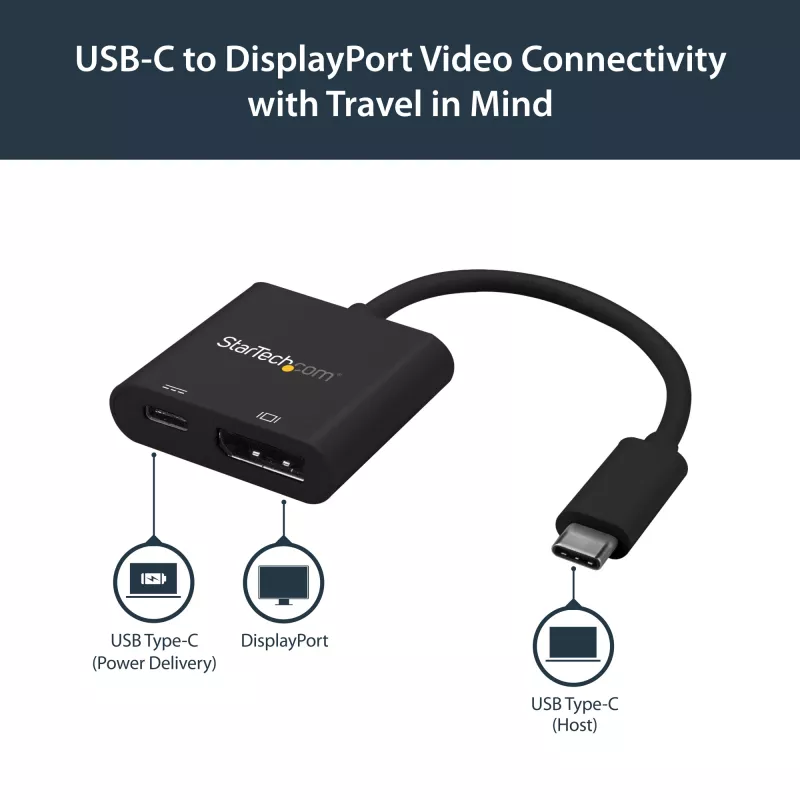 StarTech.com USB-C į DisplayPort adapteris su maitinimo tiekimu – 4K 60 Hz HBR2 – USB Type-C į DP 1.2 monitoriaus vaizdo keitiklis su įkrovimu – 60 W PD pralaidumas – suderinamas su Thunderbolt 3