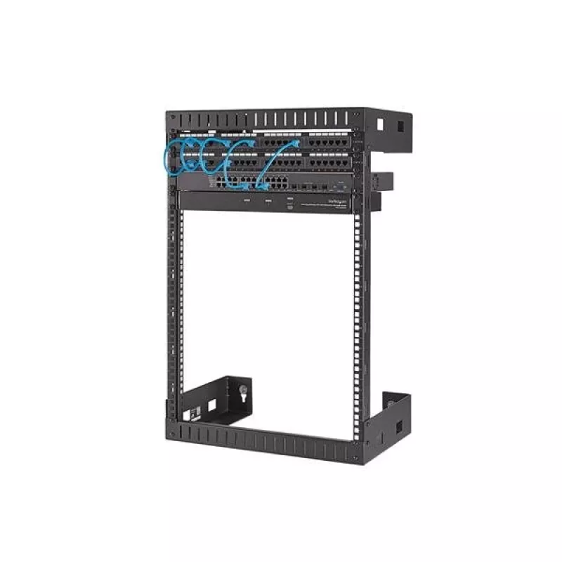 StarTech.com 15U 19 colių sieninė tinklo spinta - 12 colių gylio 2 stulpų atviro rėmo serverinės spinta duomenų/AV/IT/kompiuterinei įrangai/patch panel su narvelio veržlėmis ir varžtais, 200 svarų talpa, juoda
