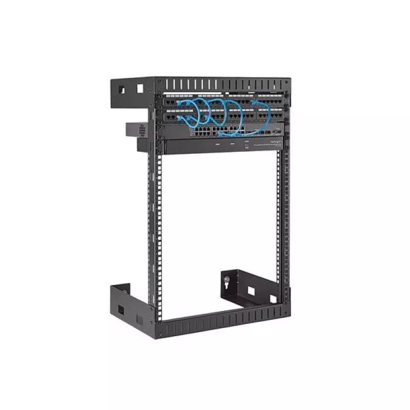 StarTech.com 15U 19 colių sieninė tinklo spinta - 12 colių gylio 2 stulpų atviro rėmo serverinės spinta duomenų/AV/IT/kompiuterinei įrangai/patch panel su narvelio veržlėmis ir varžtais, 200 svarų talpa, juoda