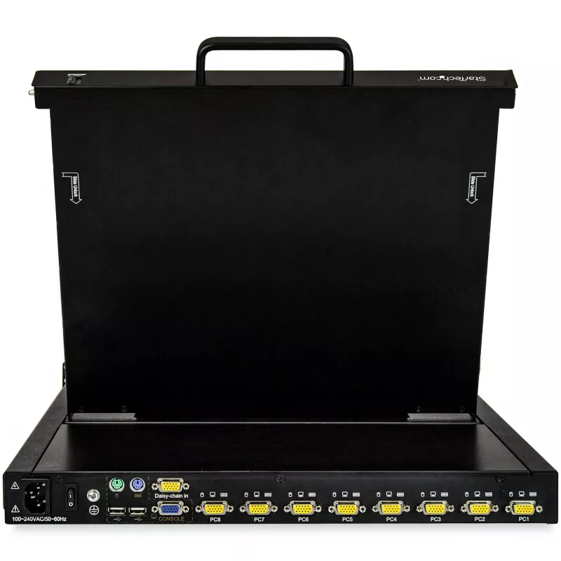 StarTech.com 8 prievadų montuojama stelaže KVM konsolė su 6 pėdų kabeliais – Integruotas KVM jungiklis su 17 colių LCD monitoriumi – Pilnai funkcionali 1U LCD KVM stalčius – OSD KVM – Patvarus, 50 000 val. MTBF – USB + VGA palaikymas