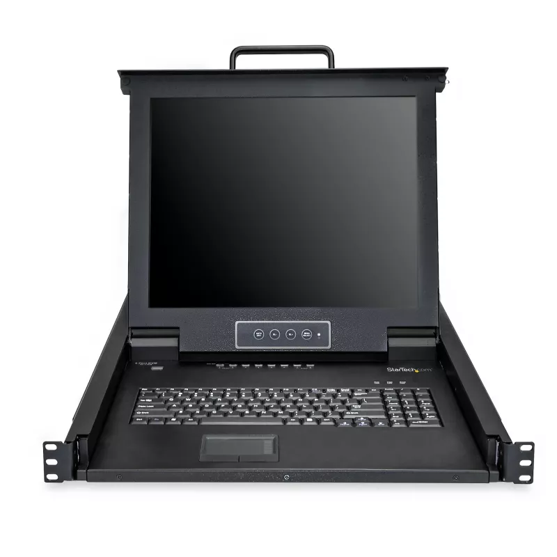 StarTech.com 8 prievadų montuojama stelaže KVM konsolė su 6 pėdų kabeliais – Integruotas KVM jungiklis su 17 colių LCD monitoriumi – Pilnai funkcionali 1U LCD KVM stalčius – OSD KVM – Patvarus, 50 000 val. MTBF – USB + VGA palaikymas