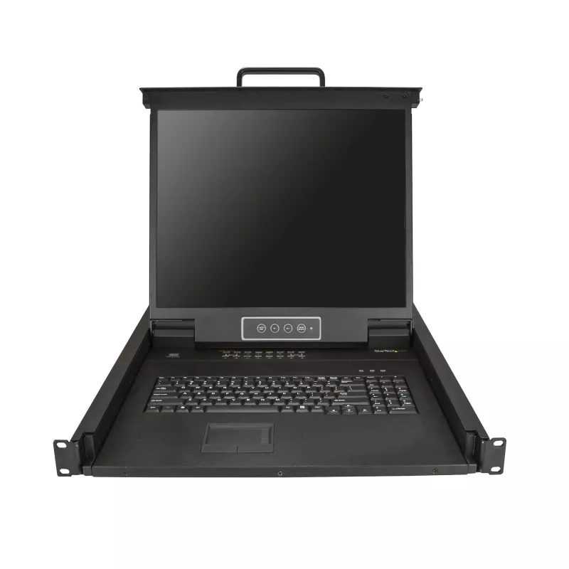 StarTech.com 16 prievadų stovo montavimo KVM konsolė su 6 pėdų kabeliais – Integruotas KVM jungiklis su 19 colių LCD monitoriumi – Pilnai funkcionuojanti 1U LCD KVM ištraukiama konsolė – OSD KVM – Patvarus 50 000 val. MTBF – USB + VGA palaikymas