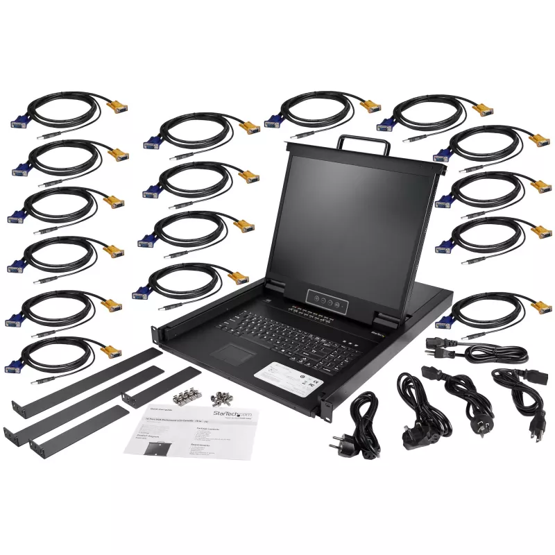 StarTech.com 16 prievadų stovo montavimo KVM konsolė su 6 pėdų kabeliais – Integruotas KVM jungiklis su 19 colių LCD monitoriumi – Pilnai funkcionuojanti 1U LCD KVM ištraukiama konsolė – OSD KVM – Patvarus 50 000 val. MTBF – USB + VGA palaikymas