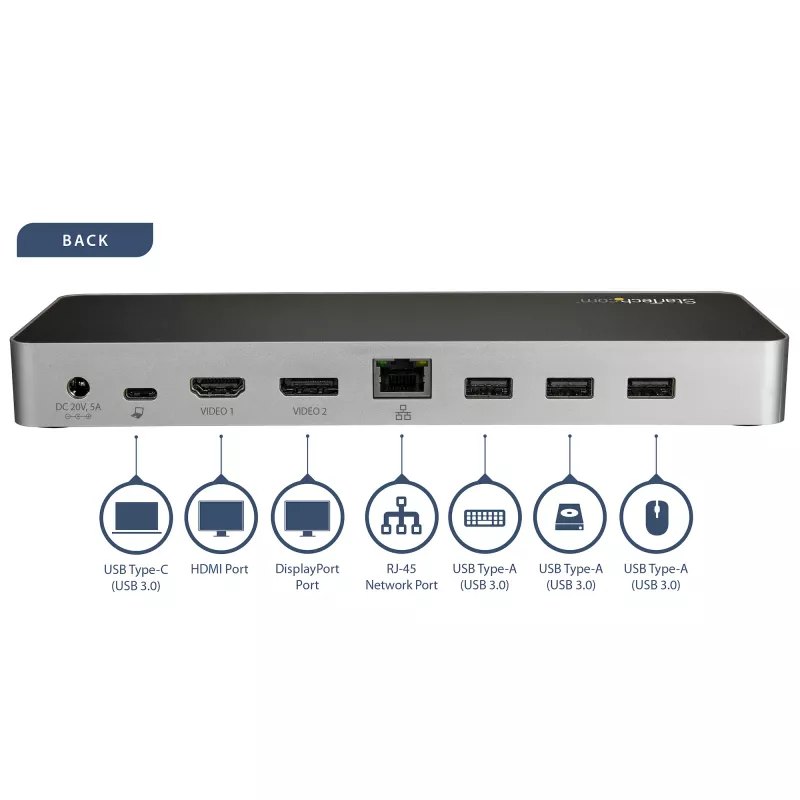 StarTech.com USB C dokas - dviejų monitorių HDMI ir DisplayPort 4K 30Hz - USB Type-C nešiojamojo kompiuterio doko stotis 60W maitinimo tiekimas, SD, 4 prievadų USB-A 3.0 šakotuvas, GbE, garsas - suderinama su Thunderbolt 3