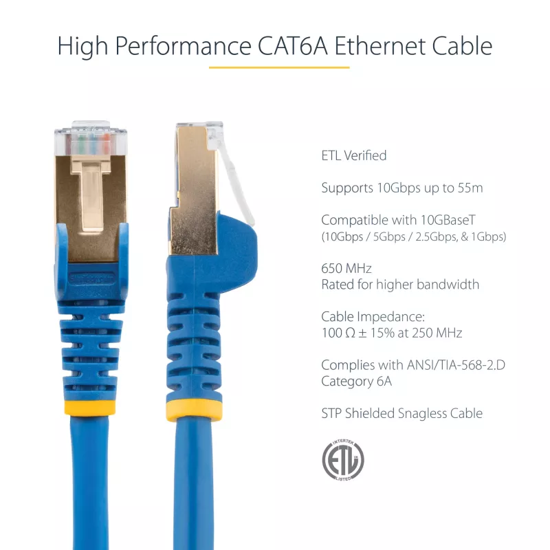 “StarTech.com” 3 m CAT6a eterneto kabelis - 10 gigabitų ekranuotas nesikabinantis RJ45 100 W PoE komutacinis kabelis - 10GbE STP tinklo kabelis su įtempimo sumažinimu - mėlynas, individualiai tikrintas / laidai sertifikuoti UL / TIA