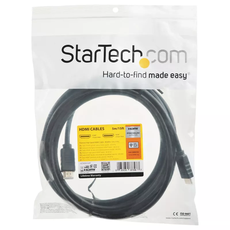 StarTech.com 15ft (5m) Premium Certified HDMI 2.0 kabelis su Ethernet - High Speed Ultra HD 4K 60Hz HDMI kabelis HDR10 - Long HDMI Cord (Male/Male Connectors) - For UHD Monitors, TVs, Displays