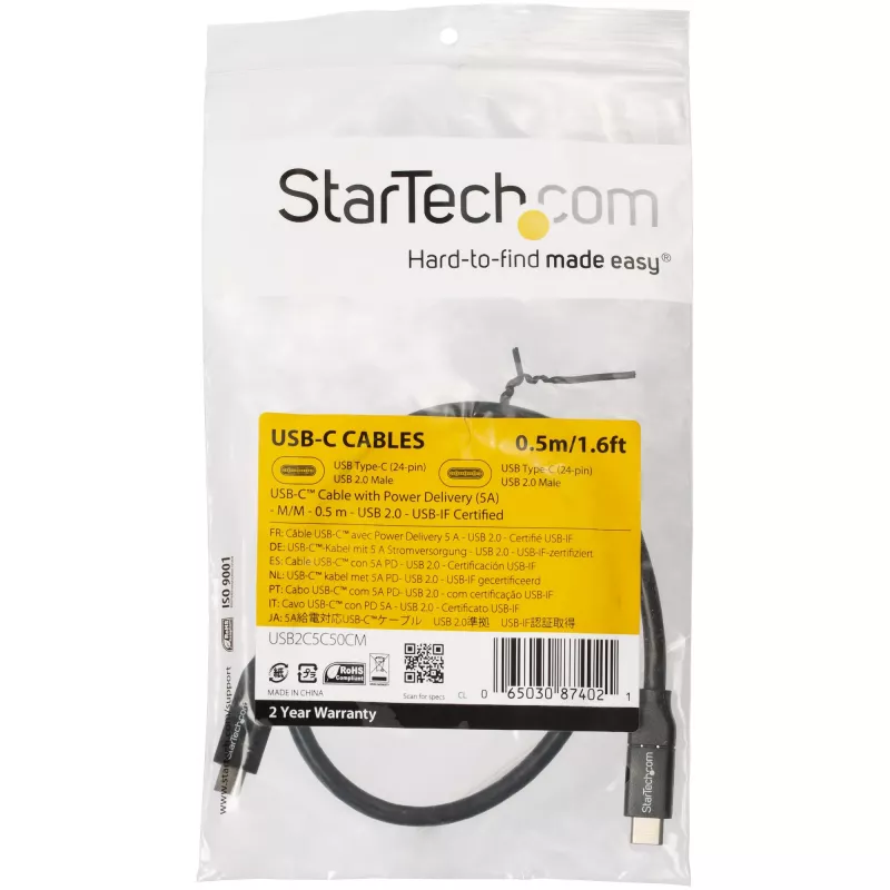 StarTech.com USB-C į USB-C kabelis su 5A PD - M/M - 0,5 m - USB 2.0 - USB-IF sertifikuotas