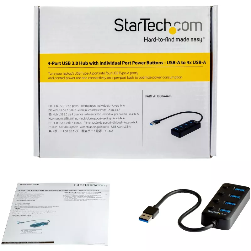 StarTech.com 4 prievadų USB 3.0 šakotuvas - USB-A į 4x USB 3.0 Type-A su atskirais įjungimo/išjungimo prievadų jungikliais - SuperSpeed 5Gbps USB 3.1/3.2 Gen 1 - maitinamas per USB magistralę - nešiojamas - 25 cm integruotas kabelis~4 prievadų USB 3.0 šakotuvas - USB-A į 4x USB 3.0 Type-A su atskirais įjungimo/išjungimo prievadų jungikliais - SuperSpeed USB 3.2 Gen 1 (5Gbps) - maitinamas per USB…