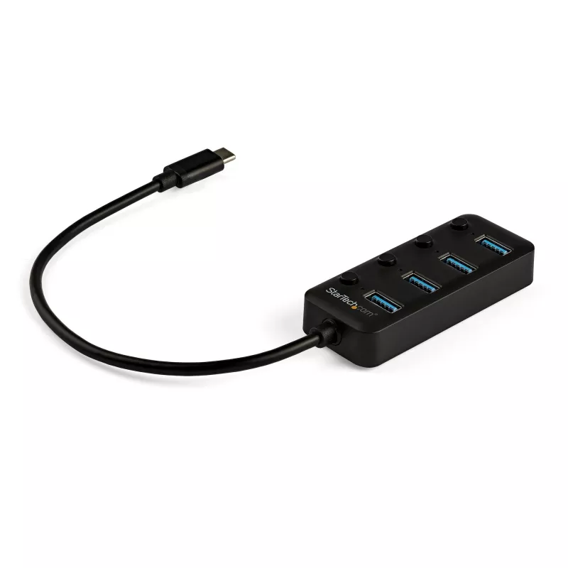 StarTech.com 4 prievadų USB C šakotuvas - USB-C į 4x USB 3.0 Type-A prievadus su individualiais įjungimo/išjungimo jungikliais - SuperSpeed 5 Gbps USB 3.1/3.2 Gen 1 - maitinamas per USB magistralę - nešiojamas - 25 cm pritvirtintas kabelis