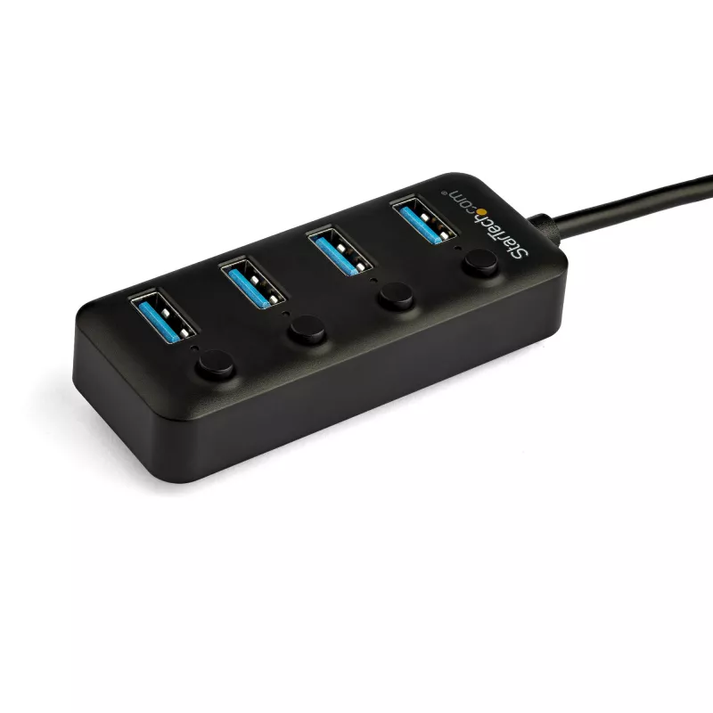 StarTech.com 4 prievadų USB C šakotuvas - USB-C į 4x USB 3.0 Type-A prievadus su individualiais įjungimo/išjungimo jungikliais - SuperSpeed 5 Gbps USB 3.1/3.2 Gen 1 - maitinamas per USB magistralę - nešiojamas - 25 cm pritvirtintas kabelis