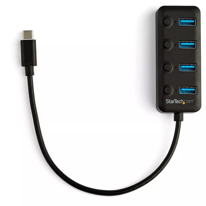 StarTech.com 4 prievadų USB C šakotuvas - USB-C į 4x USB 3.0 Type-A prievadus su individualiais įjungimo/išjungimo jungikliais - SuperSpeed 5 Gbps USB 3.1/3.2 Gen 1 - maitinamas per USB magistralę - nešiojamas - 25 cm pritvirtintas kabelis