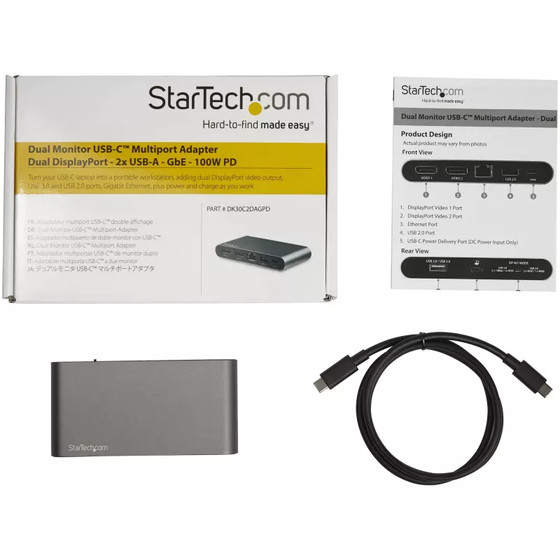 StarTech.com USB C dokas - 4K dviejų monitorių DisplayPort - Mini nešiojamojo kompiuterio prijungimo stotelė - 100W energijos tiekimo pralaidumas - GbE, 2 prievadų USB-A šakotuvas - USB Type-C daugiafunkcis adapteris - 3,3' kabelis