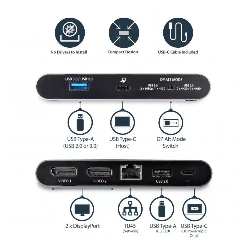 StarTech.com USB C dokas - 4K dviejų monitorių DisplayPort - Mini nešiojamojo kompiuterio prijungimo stotelė - 100W energijos tiekimo pralaidumas - GbE, 2 prievadų USB-A šakotuvas - USB Type-C daugiafunkcis adapteris - 3,3' kabelis