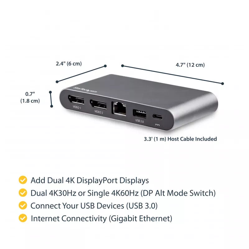 StarTech.com USB C dokas - 4K dviejų monitorių DisplayPort - Mini nešiojamojo kompiuterio prijungimo stotelė - 100W energijos tiekimo pralaidumas - GbE, 2 prievadų USB-A šakotuvas - USB Type-C daugiafunkcis adapteris - 3,3' kabelis