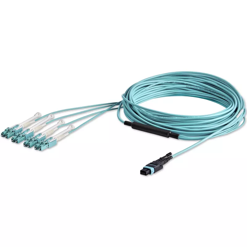 StarTech.com 10 m (30 pėd.) MTP(F)/PC į 4x LC/PC dvipusis atšakojamasis OM3 daugiamodis šviesolaidinis kabelis, OFNP Plenum, 40G tinklai, maži įterpimo nuostoliai – šviesolaidinis džemperinis laidas