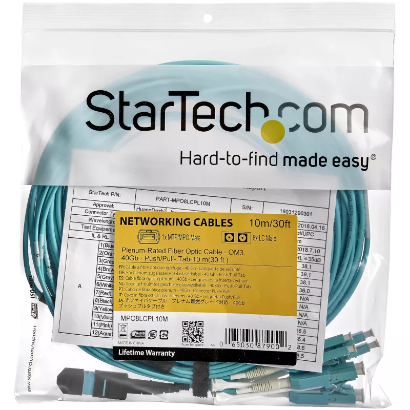 StarTech.com 10 m (30 pėd.) MTP(F)/PC į 4x LC/PC dvipusis atšakojamasis OM3 daugiamodis šviesolaidinis kabelis, OFNP Plenum, 40G tinklai, maži įterpimo nuostoliai – šviesolaidinis džemperinis laidas