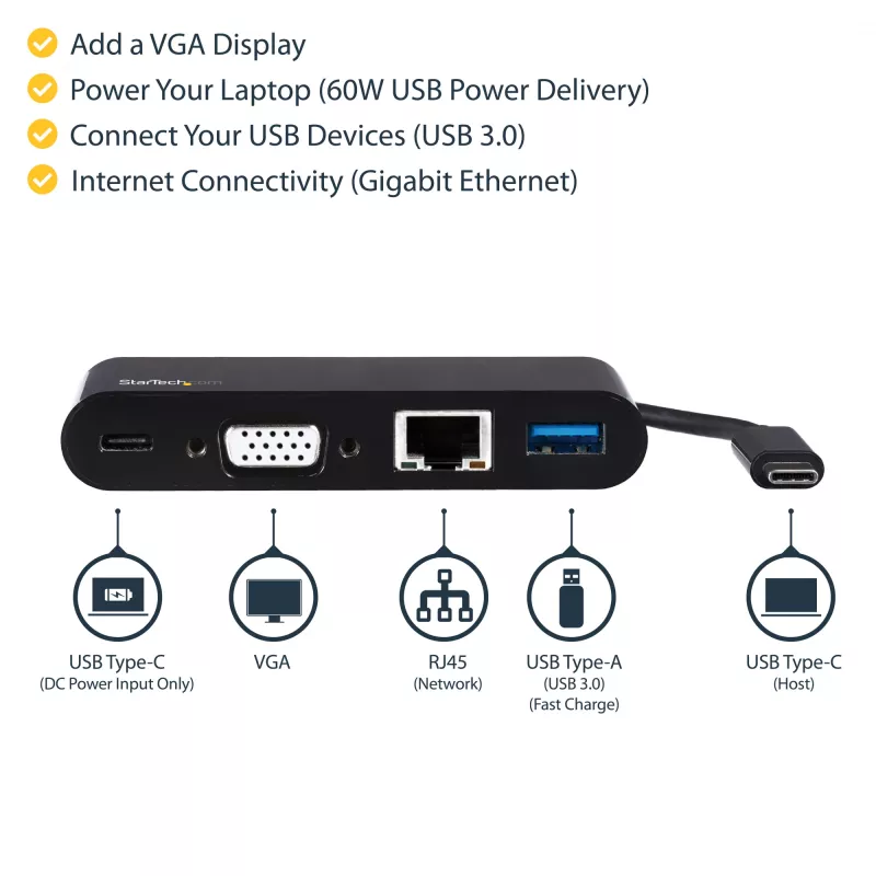 StarTech.com USB C daugiafunkcis adapteris - Mini USB-C dokas su vieno monitoriaus VGA 1080p vaizdu - 60 W energijos tiekimo pralaidumas - USB 3.1 Gen 1 Type-A 5 Gb/s, Gigabit Ethernet - Prijungimo stotelė