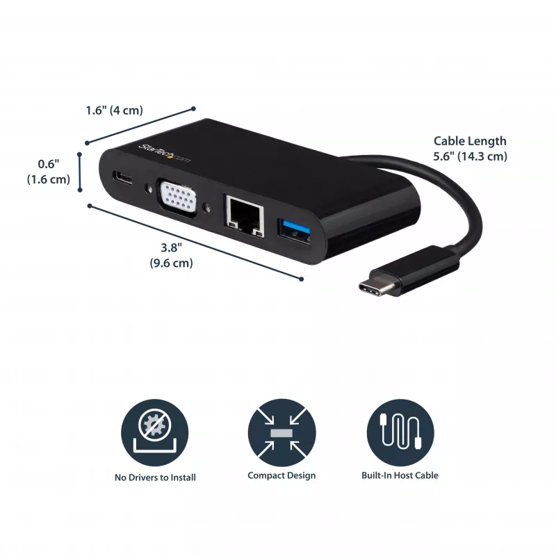 StarTech.com USB C daugiafunkcis adapteris - Mini USB-C dokas su vieno monitoriaus VGA 1080p vaizdu - 60 W energijos tiekimo pralaidumas - USB 3.1 Gen 1 Type-A 5 Gb/s, Gigabit Ethernet - Prijungimo stotelė
