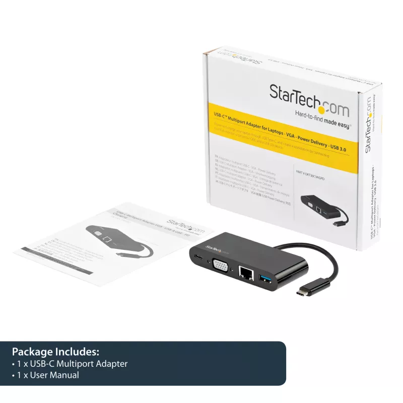 StarTech.com USB C daugiafunkcis adapteris - Mini USB-C dokas su vieno monitoriaus VGA 1080p vaizdu - 60 W energijos tiekimo pralaidumas - USB 3.1 Gen 1 Type-A 5 Gb/s, Gigabit Ethernet - Prijungimo stotelė